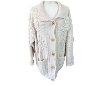 Vintage Eddie Bauer Chunky Knit Cardigan‎ S Cream Oversize 100% Wool Fisherman
